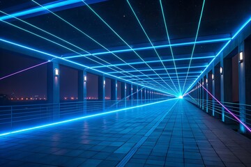 Futuristic tunnel illuminated with neon lights leading to a bright light source