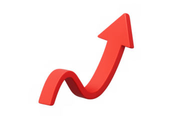 Red arrow moving up, showing growth, financial increase, investing success, and business progress on a transparent background