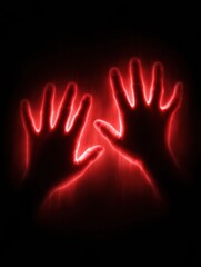 Obraz premium Two hands illuminated in red light create a dramatic contrast against a dark background, emphasizing form and movement in a compelling artistic scene.