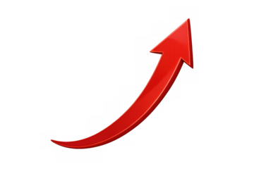 Red upward arrow representing financial growth, increasing success, progress, and business improvement on transparent background