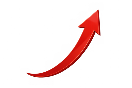 Red upward arrow representing financial growth, increasing success, progress, and business improvement on transparent background