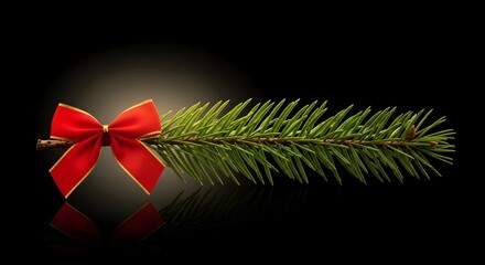 Pine branch with red bow isolated on black background festive decoration