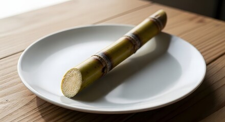 Sugarcane stalk on a white plate on a wooden table