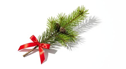 Evergreen branch with pine cone and red ribbon festive decoration isolated on white