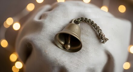 Small brass bell resting on soft white fabric with blurred festive lights