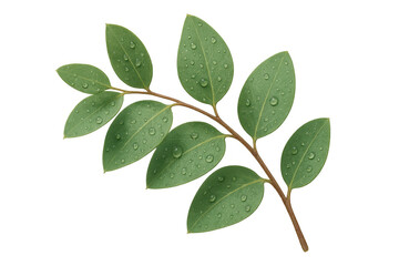 Fototapeta premium Eucalyptus branch with fresh green leaves and clear water drops, representing nature, freshness, and growth