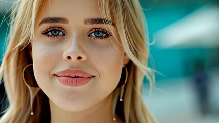 Blonde's Gaze: A captivating portrait of a fair-haired woman with bright blue eyes, radiating warmth, grace, and an inviting aura, capturing a moment of serenity and natural beauty. - Powered by Adobe
