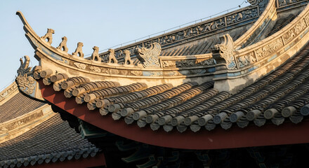 Ornate curved eaves of a traditional Chinese temple roof.