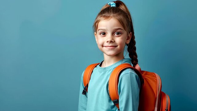 Backpack Adventure: A young girl, radiating confidence, with a bright smile, sports a vibrant backpack. A glimpse of her ready to seize the day's opportunities.