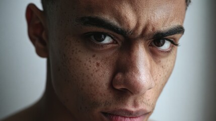 Fototapeta premium A young man gazes into the camera with a serious expression. The lighting highlights his freckles and sharp features creating a dramatic intense atmosphere.
