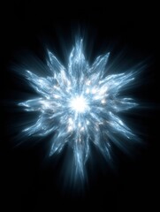 A vibrant starburst pattern radiates light with intricate details, creating an ethereal effect against a solid black background, showcasing luminous energy.