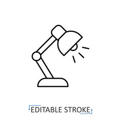 A desk lamp icon in a minimalist line style with editable stroke. Office lighting, school equipment, reading light, study accessory, home interior decor, adjustable work lamp, table furniture.