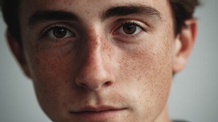 Obraz premium A young boy with prominent freckles looks straight at the camera capturing a moment of honesty and contemplation. His expression reflects youth and innocence in a minimal background.