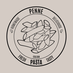 Italian penne pasta vintage style hand drawn sketch of traditional product for restaurants menu, sign, logo, stickers or food packaging. 