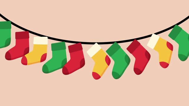 Looping animation of colorful Christmas socks hanging on a string, gently swaying left and right. Red, green, and yellow socks with white cuffs create a festive repeating pattern.