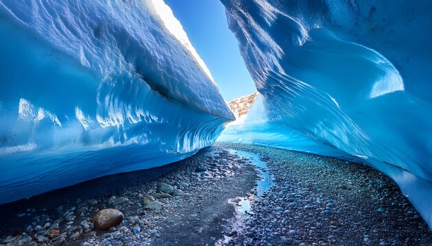 Beautiful Blue Ice Cave With A Tunnel To Pass Through It Melting Glaciers Leave Frozen Ice Caves Water Is Frozen Into A Tube To Form A Natural Grotto Inside The Ice Cave On A Bright Day - Powered by Adobe