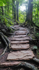 Stone steps on forest trail with lush greenery and tree roots