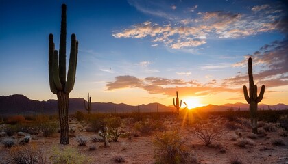 Cactus At Sunset In Desert Landscape