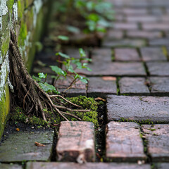 Tree roots and green moss growing between old brick pavement, close-up
