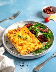 Savory, golden-baked dish with greens, tomatoes, and cheese, artfully plated