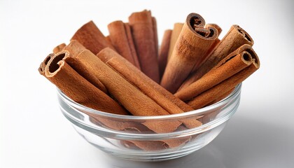 Isolated Glass Bowl Of Cinnamon Sticks Brown Sweet Spice Dried Bark And Flavor Ingredient