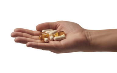 Holding a handful of diverse vitamin capsules and supplements for daily wellness and health routines