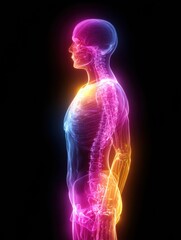 A stunning visual of a human figure reveals the skeletal and muscular system illuminated in vibrant colors, providing a unique perspective on human anatomy.