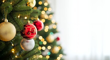 Close-up of a decorated holiday tree with a dramatic red patterned ball and golden glitter ornament. Seasonal celebration header.