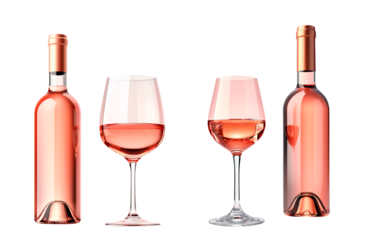 Set of rose wine bottles and glasses isolated on a transparent background. Elegant pink wine in glass and sealed bottle, premium alcoholic beverage, sophisticated drink.