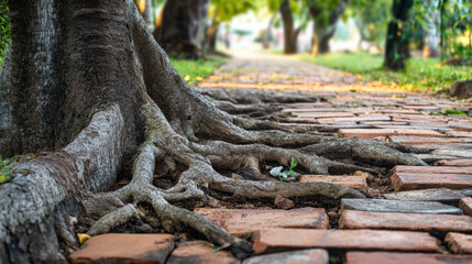 Large tree trunk and roots growing through old brick pathway in park, close-up

