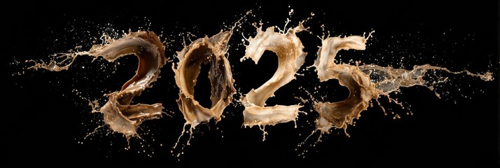 Splashing water forms the numbers indicating the year 2025 against a black background, creating a dynamic and impactful visual presentation.