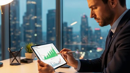 Man analyzing financial data on tablet near window - Powered by Adobe