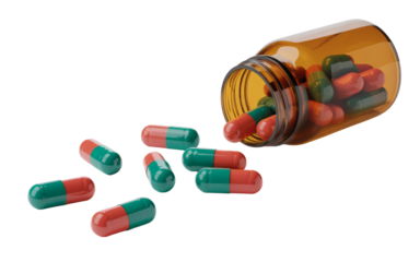 Vibrant red and green capsules spill from a brown bottle, representing health, medicine, and recovery solutions