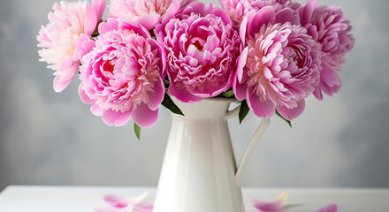 Pink Peonies Elegance in Bloom Bouquet in White Pitcher Against Gentle Backdrop