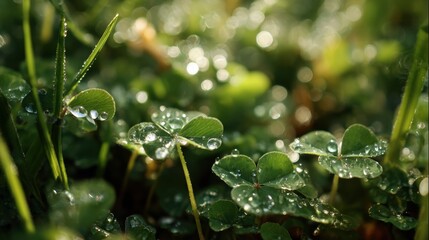 Small droplets of water rest on vibrant green clover leaves sparkling in the gentle morning light. Fresh grass surrounds the clovers creating a peaceful atmosphere.