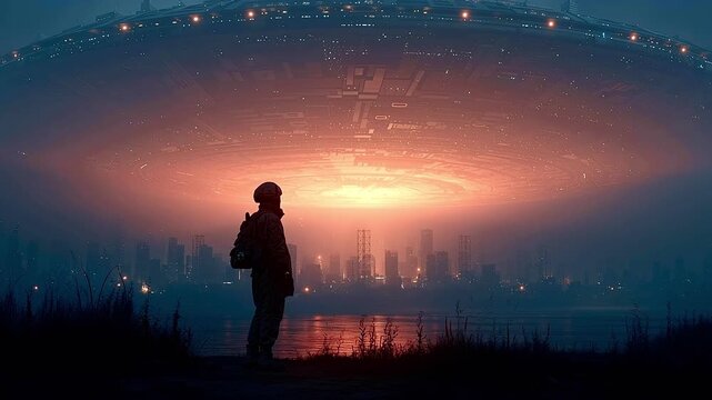 Soldier watching giant alien spaceship hovering over a city
