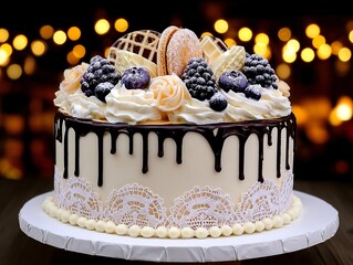 a fancy cake decorated with ice cream, fruit, and chocolate syrup