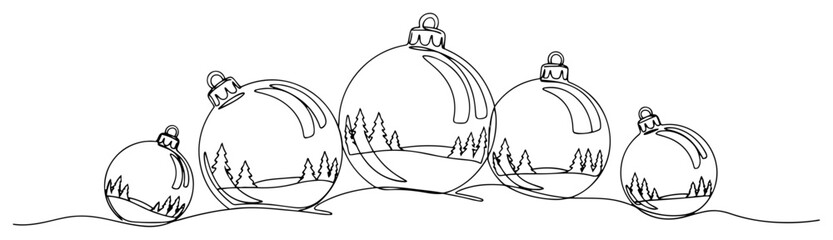 Christmas baubles continuous line border — black vector holiday divider with winter landscape and fir trees