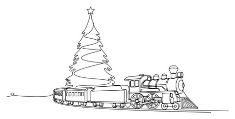 Christmas Train with Festive Tree in One Continuous Line Art. Vintage Holiday Express Locomotive. Vector Drawing. © Wieslaw