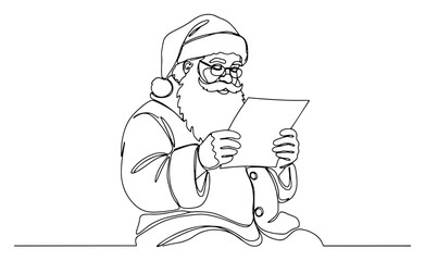 Santa Claus Reading a List Continuous Line Drawing. Vector Illustration of a Christmas Character.