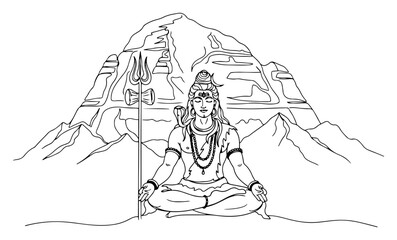 Lord Shiva Meditating in Himalayas Line Art. Vector Illustration of a Hindu God with Trident.