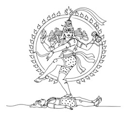 Dancing Shiva as Nataraja the Lord of Dance. Hindu religious symbol in a continuous one line drawing style. Minimalist vector illustration.