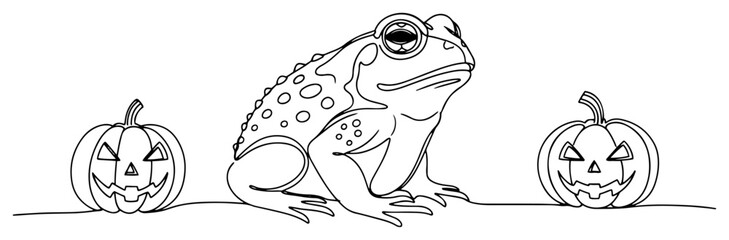 Halloween Toad and Jack-o'-lanterns Continuous Line Drawing. Vector Illustration of a Spooky Autumn Scene.