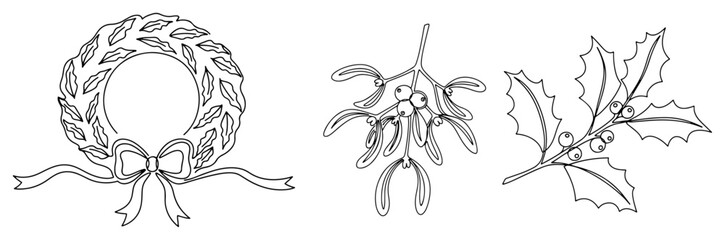 Christmas Decorations Line Art Set. Vector Collection of Wreath Mistletoe and Holly Outline Illustrations.