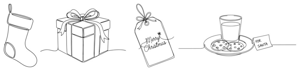 Christmas Eve Essentials in One Continuous Line Art. Stocking Gift and Cookies for Santa. Vector Holiday Drawing.
