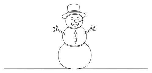 Happy Snowman in Top Hat. Continuous One Line Art. Vector Winter Christmas Character Drawing.
