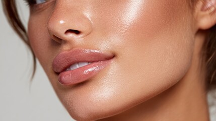 Fototapeta premium A young woman displays smooth skin and glossy lips while posing for a beauty shoot in a well-lit studio. Her natural makeup enhances her features.