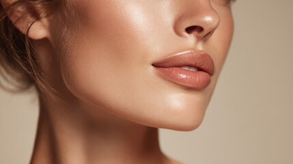 Fototapeta premium A woman is highlighted in soft lighting emphasizing her flawless skin and defined jawline. The warm tones enhance her natural beauty creating an inviting and serene atmosphere.