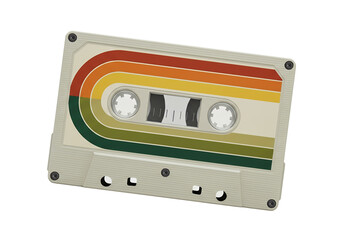 Obraz premium Vibrant striped audio cassette tape, a classic retro music format symbol, isolated on white.