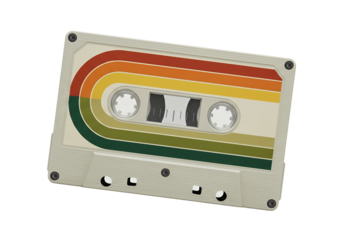 Vibrant striped audio cassette tape, a classic retro music format symbol, isolated on white.